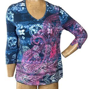 Chico's V-Neck 3/4 Sleeve Top Beaded Embroidered Sz 1 (M/8) #57B